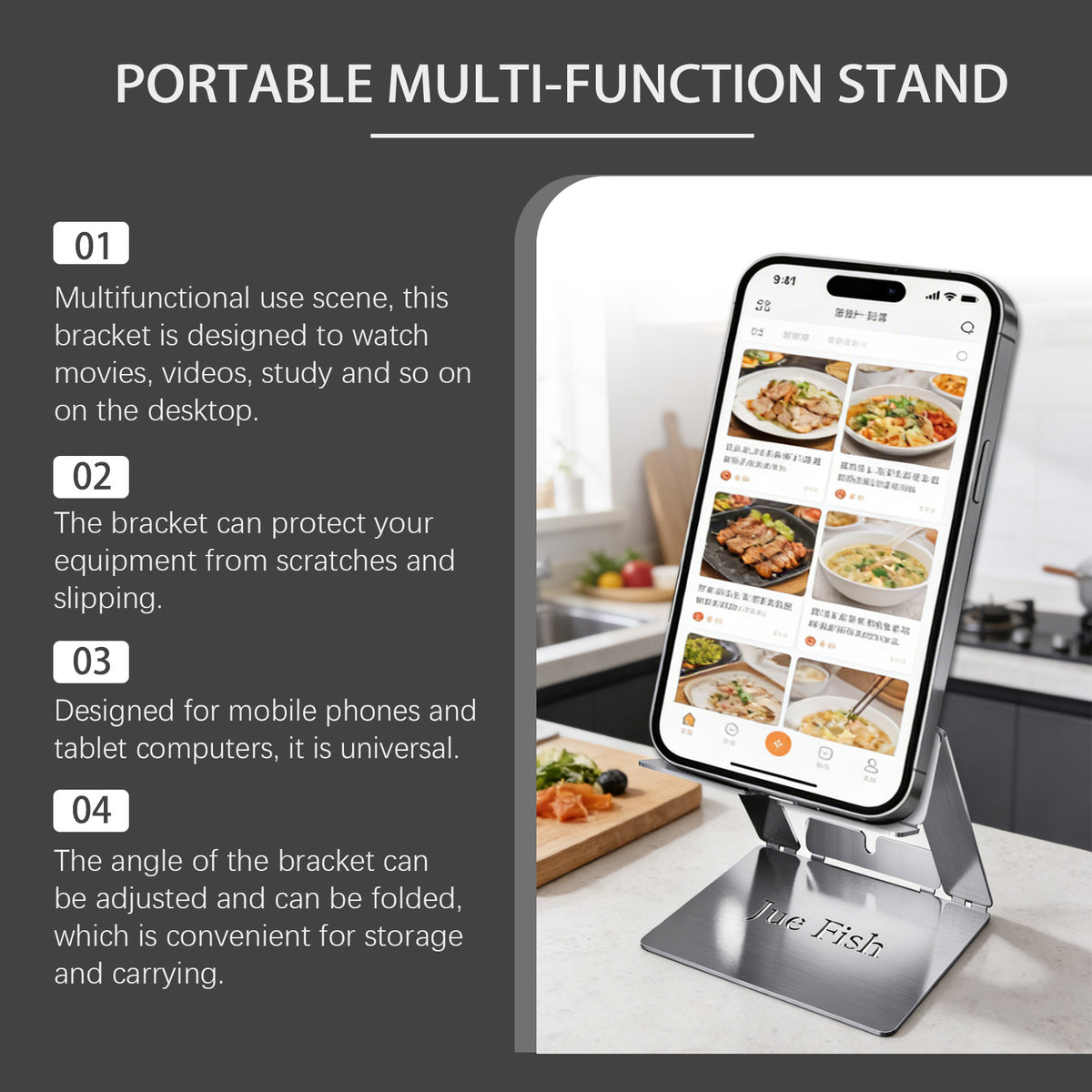 JUE-FISH Portable Foldable Phone Stand Galvanized Steel Adjustable Metal Desktop Cellphone Holder