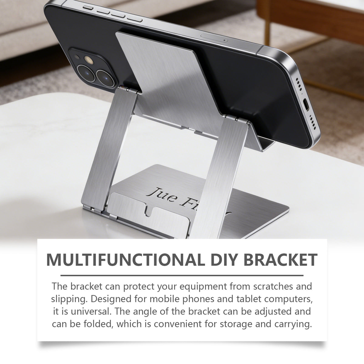 JUE-FISH Portable Foldable Phone Stand Galvanized Steel Adjustable Metal Desktop Cellphone Holder