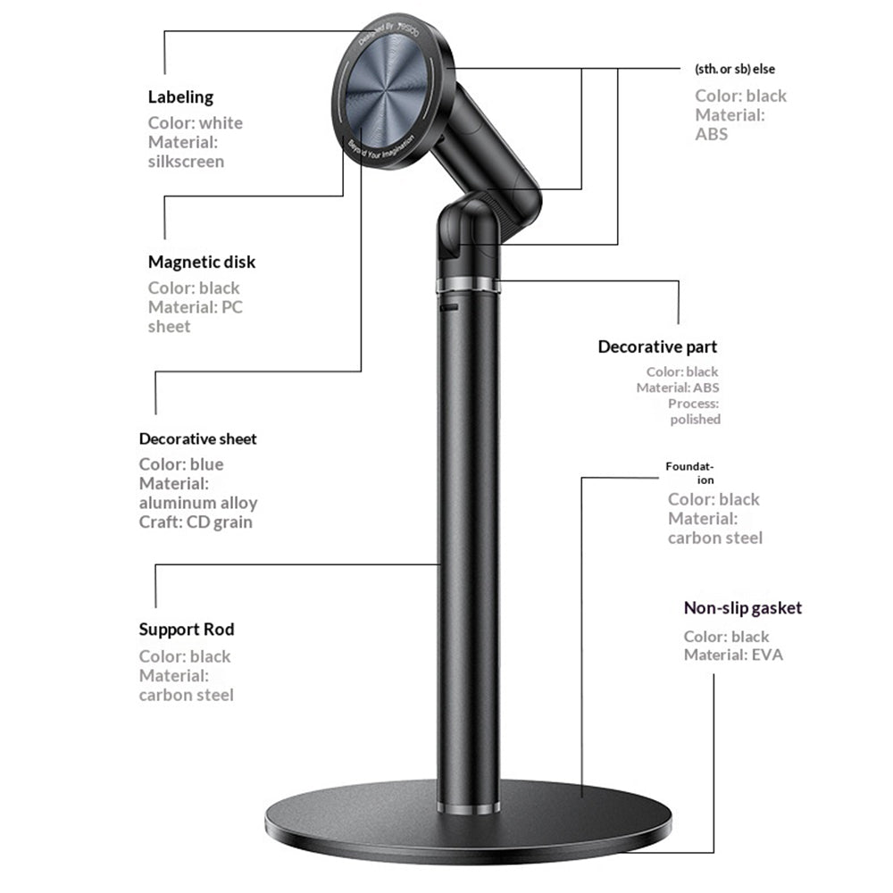 YESIDO C303 Desktop Phone Stand Adjustable Height Magnetic Mount Cellphone Holder for Live Streaming