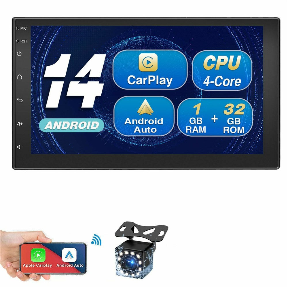 R913B 1+32GB 7 Inch 2 DIN Car Stereo Android 14 CarPlay 12-LED Rearview Camera HD IPS Screen GPS Navigator
