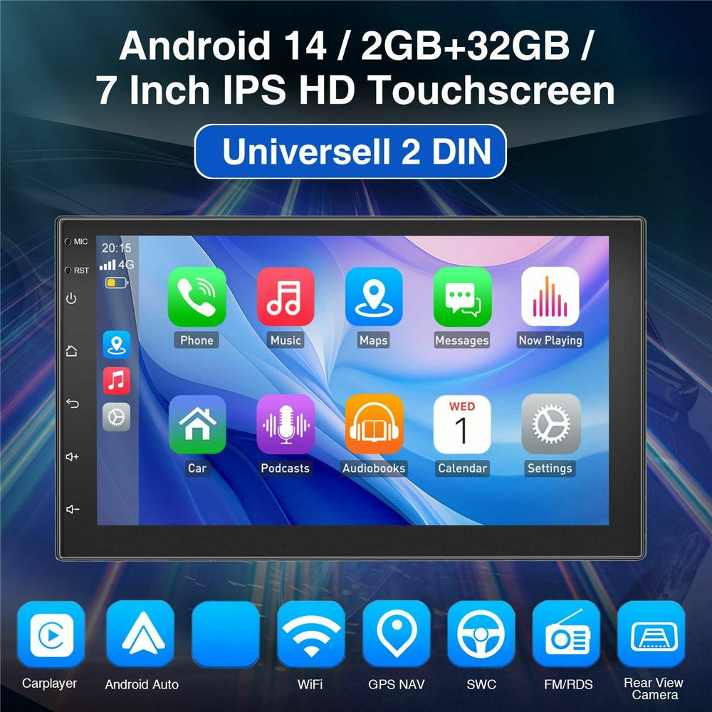 R913B 1+32GB 7 Inch 2 DIN Car Stereo Android 14 CarPlay 12-LED Rearview Camera HD IPS Screen GPS Navigator