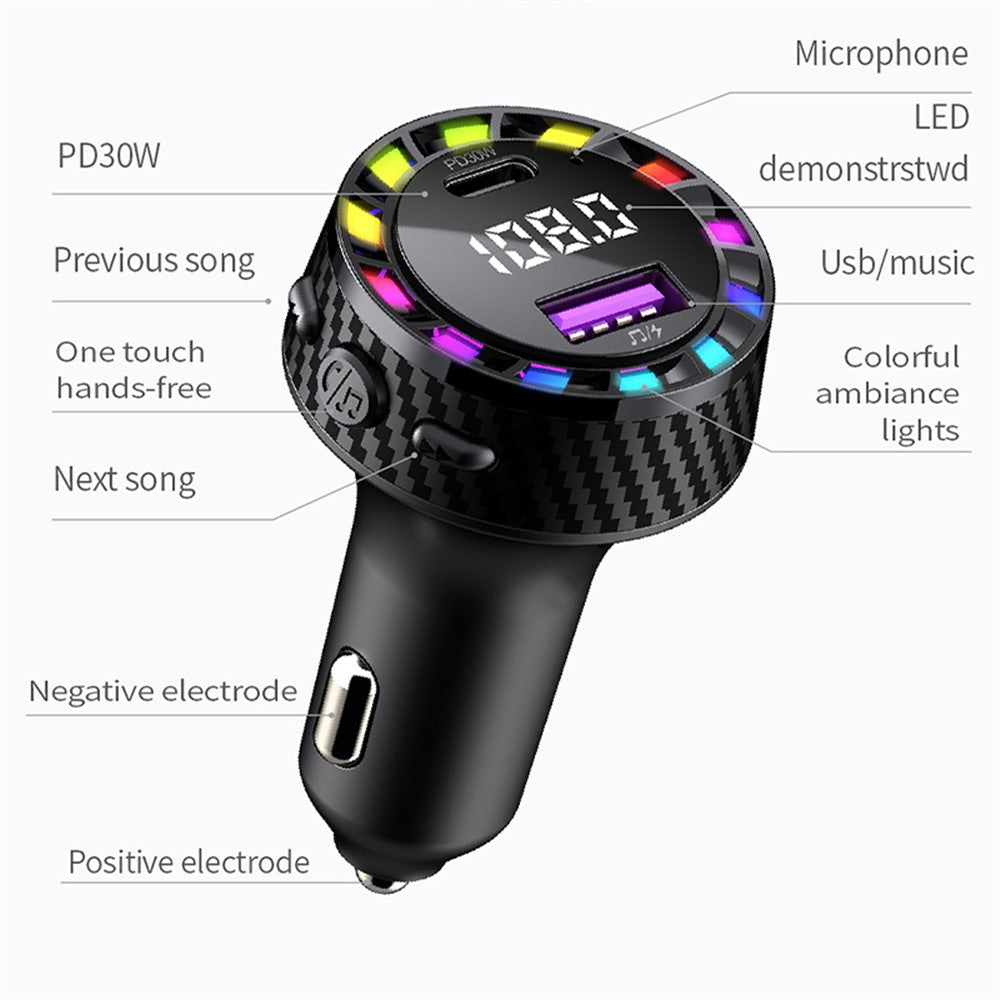 C55 USB+Type-C Car Fast Charger Bluetooth-compatible FM Transmitter with Breathing Light