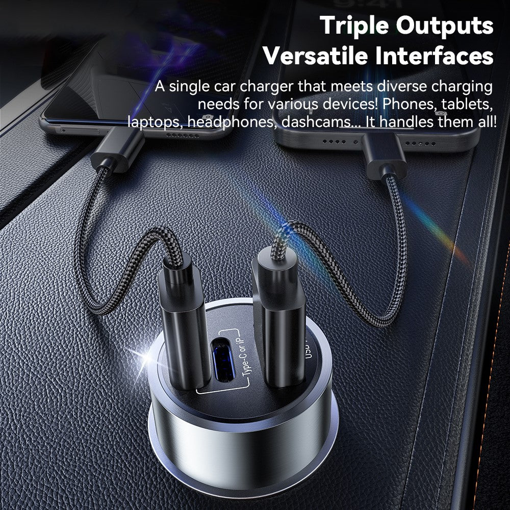 ESSAGER PD 45W Hurtigopladning Aluminiumlegering Type-C+Ip+USB-A 3-port Bilopladeradapter