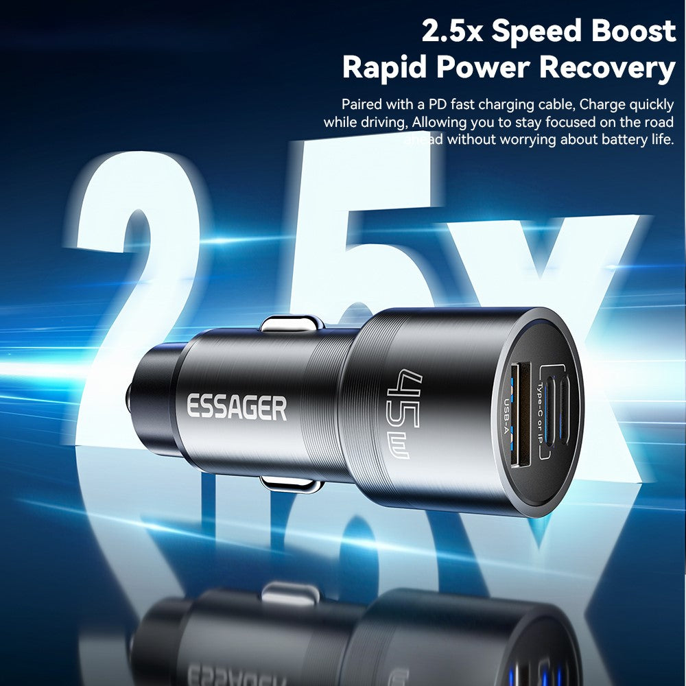 ESSAGER PD 45W Hurtigopladning Aluminiumlegering Type-C+Ip+USB-A 3-port Bilopladeradapter