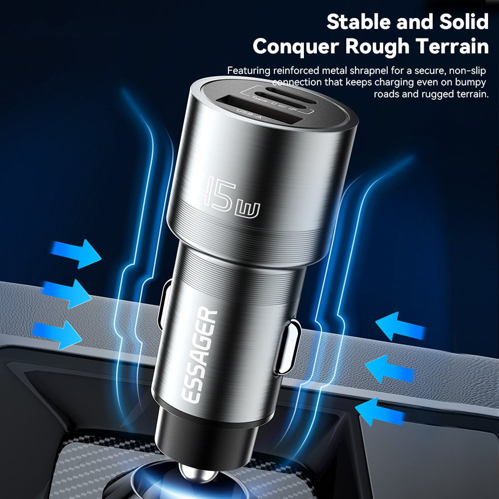 ESSAGER PD 45W Hurtigopladning Aluminiumlegering Type-C+Ip+USB-A 3-port Bilopladeradapter