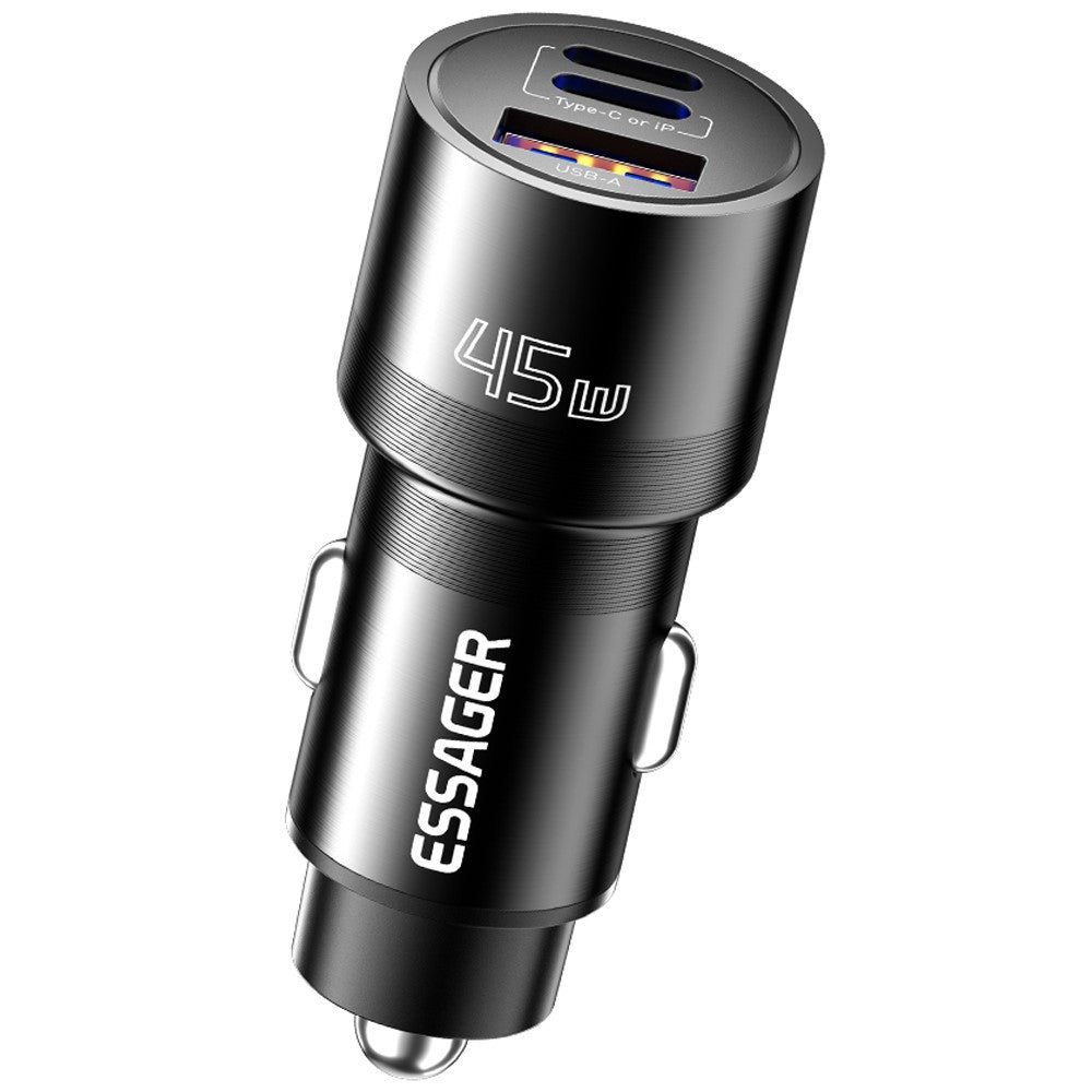 ESSAGER PD 45W Hurtigopladning Aluminiumlegering Type-C+Ip+USB-A 3-port Bilopladeradapter