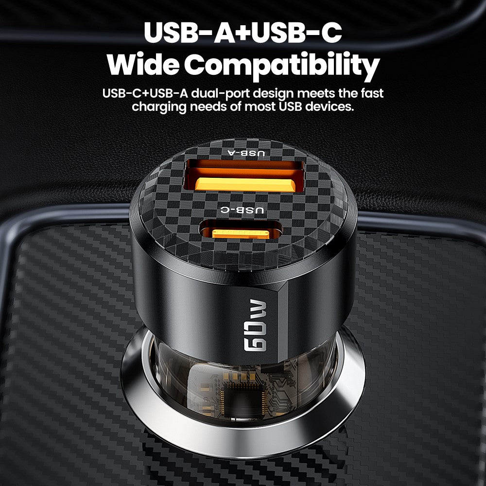 TOOCKI TQ-CC25A Billader 60W Dobbelt Port USB-A og USB-C Hurtigopladningsadapter Til Brug i Køretøjer