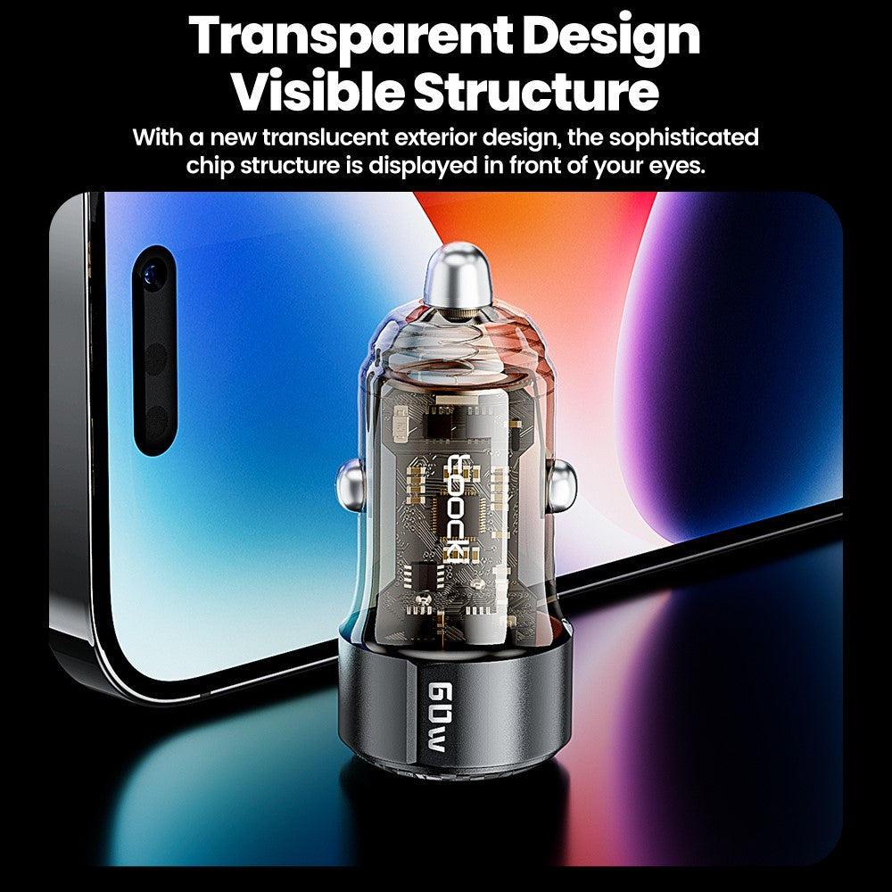 TOOCKI TQ-CC25A Billader 60W Dobbelt Port USB-A og USB-C Hurtigopladningsadapter Til Brug i Køretøjer