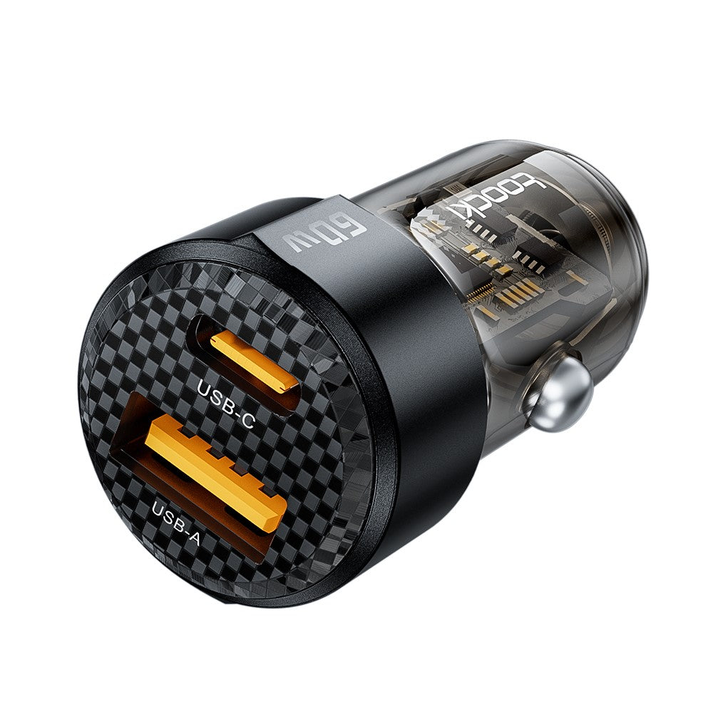 TOOCKI TQ-CC25A Billader 60W Dobbelt Port USB-A og USB-C Hurtigopladningsadapter Til Brug i Køretøjer