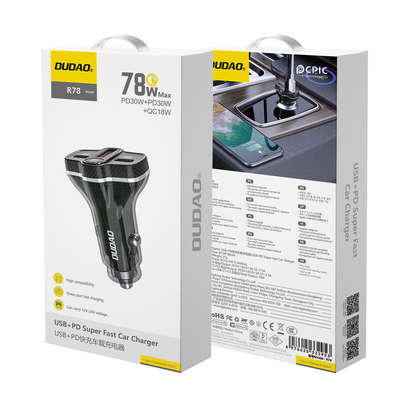 DUDAO R78 Biloplader 78W 3-Port QC3.0 USB-C PD 30W Superhurtig Opladning Cigartænderadapter til iPhone