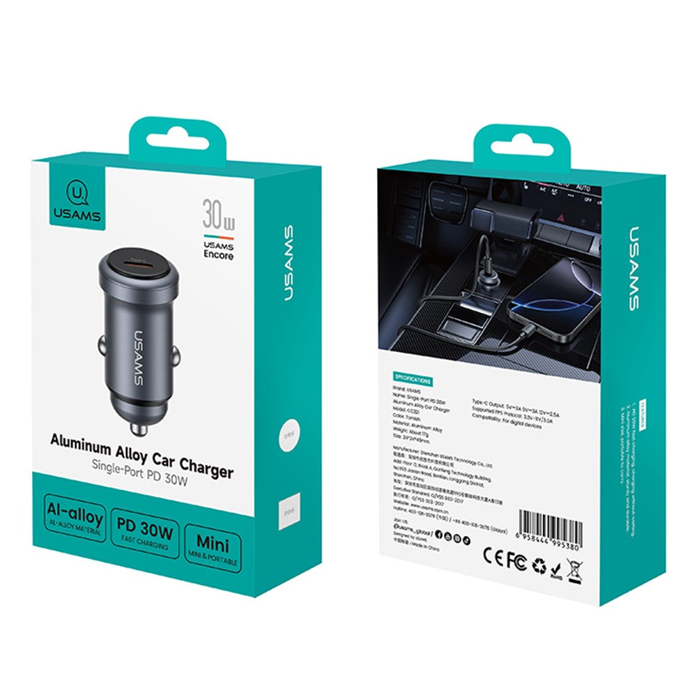 USAMS CC321 Billaddare PD 30W Snabbladdning Enkelport Aluminiumlegering Mini Cigarettändarladdare för Bil