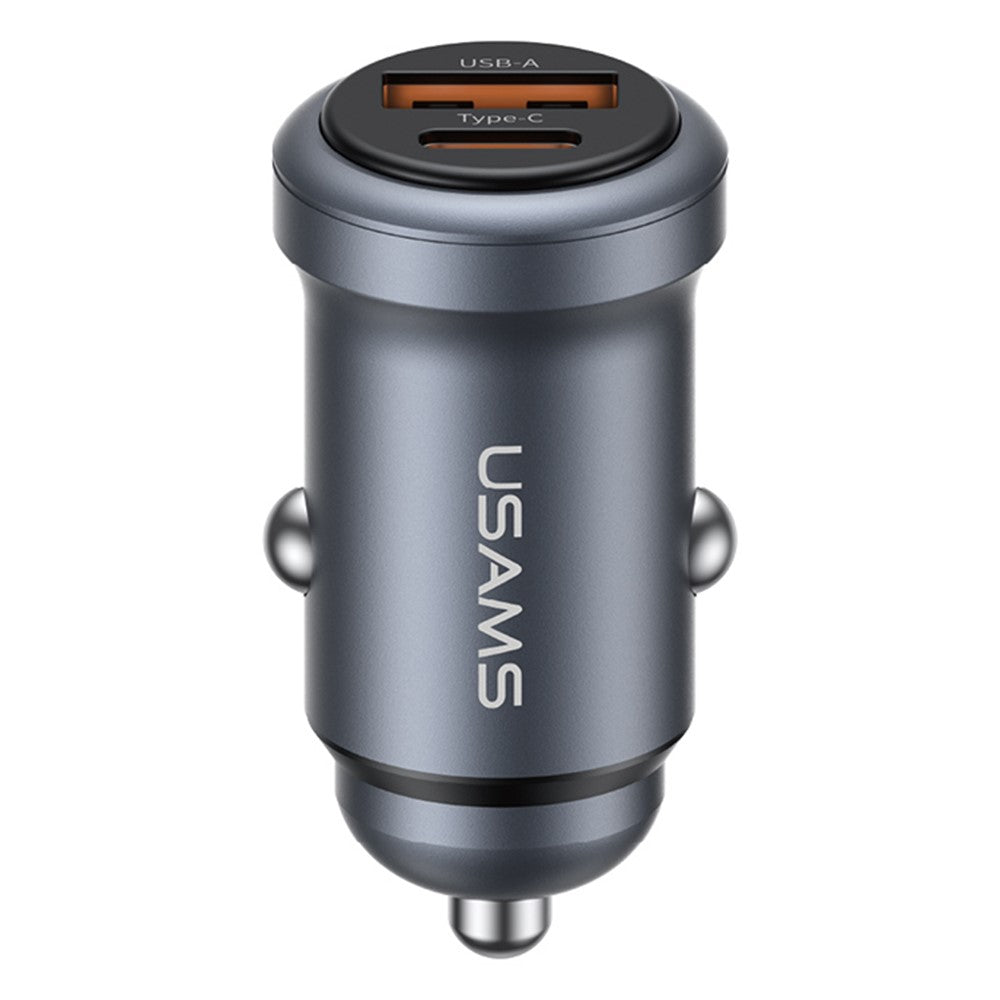 USAMS CC322 30W Billader USB-A + USB-C Aluminiumlegering Hurtigopladende Cigartænderoplader til Køretøjer