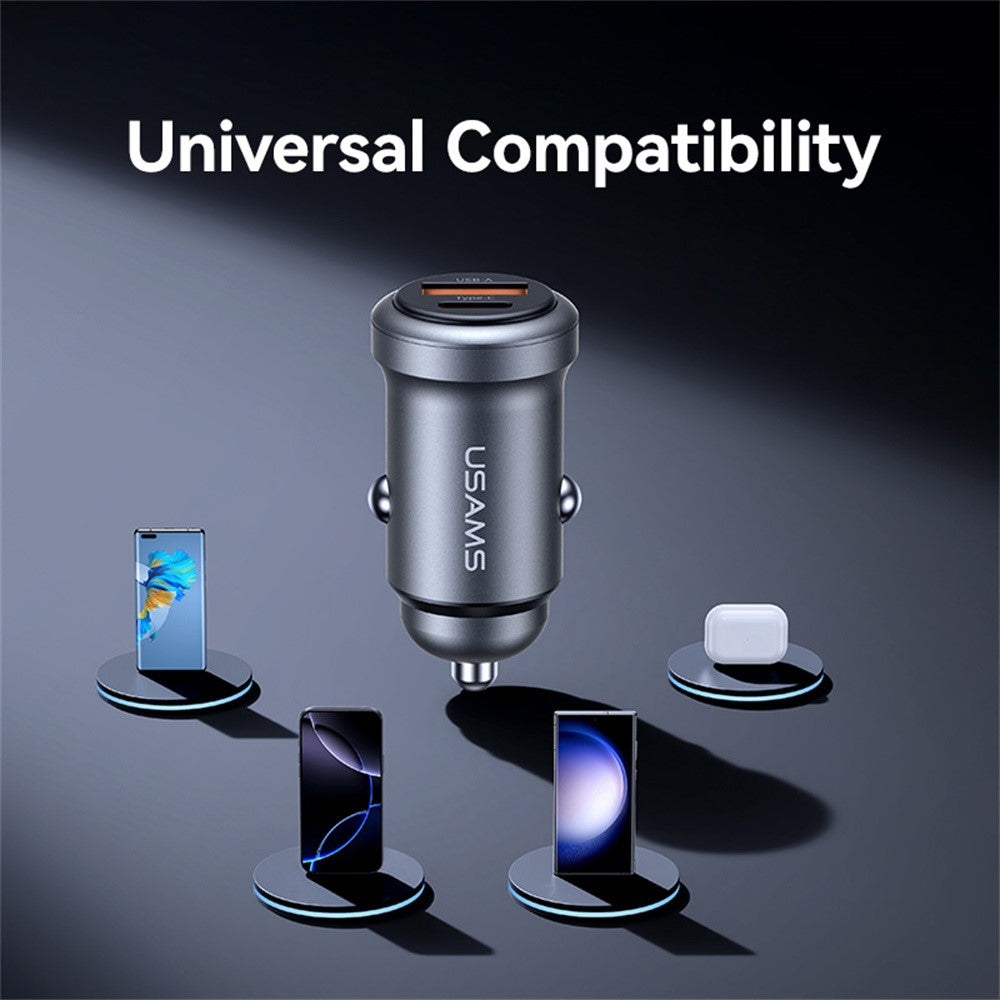 USAMS CC322 30W Billader USB-A + USB-C Aluminiumlegering Hurtigopladende Cigartænderoplader til Køretøjer
