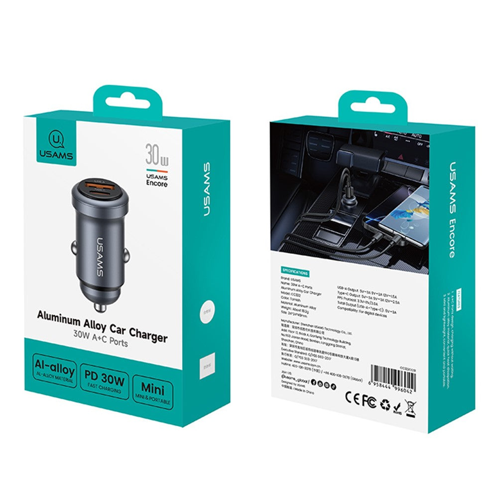USAMS CC322 30W Billader USB-A + USB-C Aluminiumlegering Hurtigopladende Cigartænderoplader til Køretøjer
