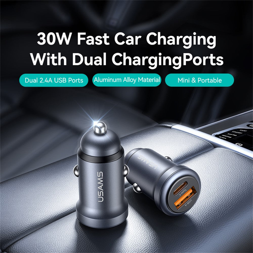 USAMS CC322 30W Billader USB-A + USB-C Aluminiumlegering Hurtigopladende Cigartænderoplader til Køretøjer