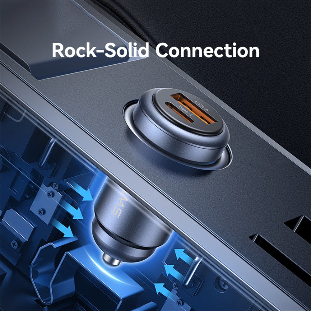 USAMS CC322 30W Billader USB-A + USB-C Aluminiumlegering Hurtigopladende Cigartænderoplader til Køretøjer