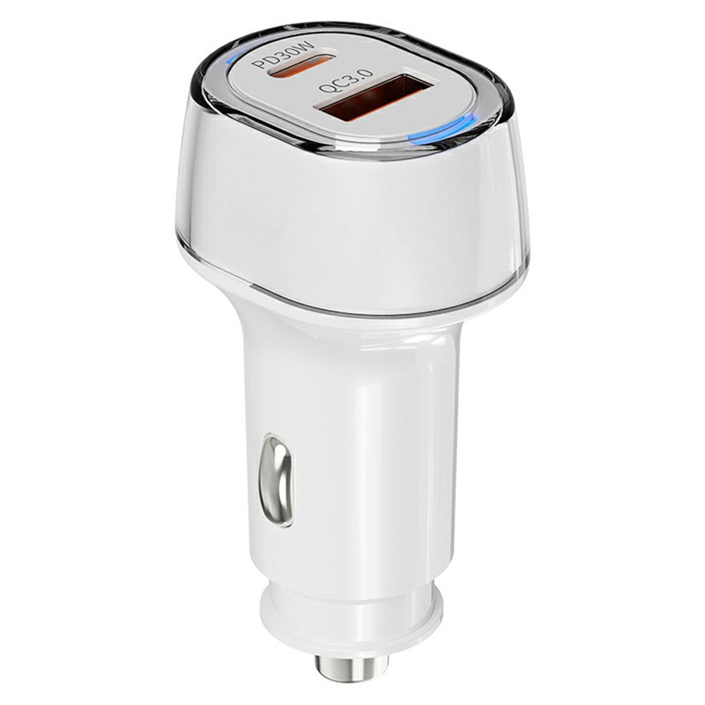 A6 USB + Type-C Dual Port Car Charger QC3.0 + PD 30W Fast Charger with Ambient Light for Phone / Tablet