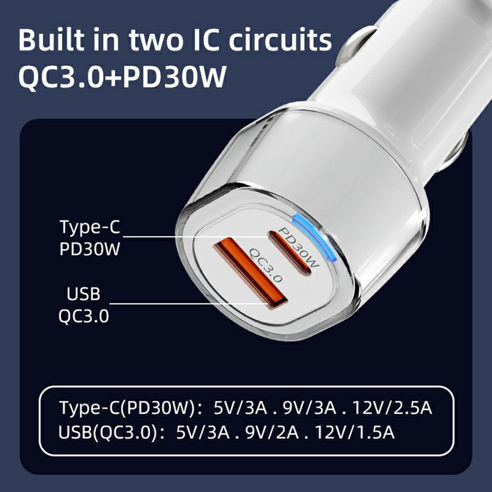 A6 USB + Type-C Dual Port Car Charger QC3.0 + PD 30W Fast Charger with Ambient Light for Phone / Tablet