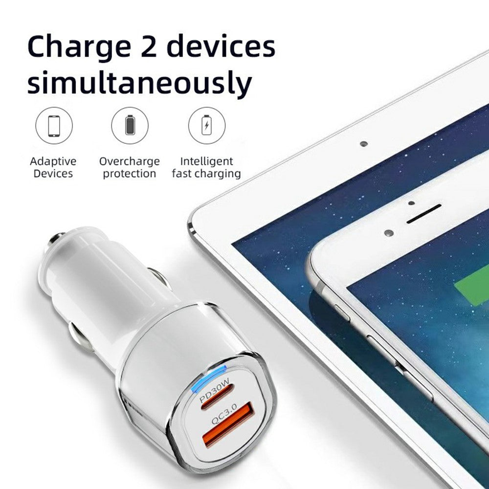 A6 USB + Type-C Dual Port Car Charger QC3.0 + PD 30W Fast Charger with Ambient Light for Phone / Tablet