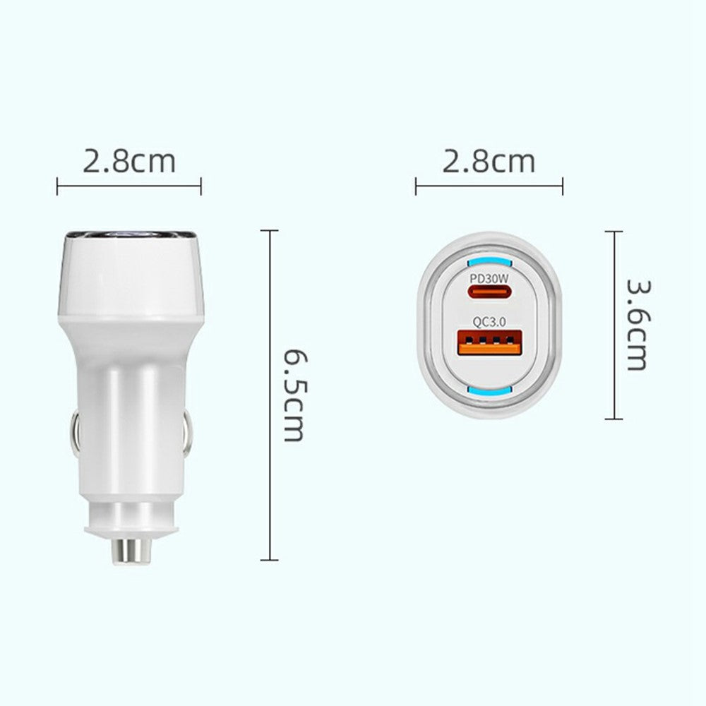 A6 USB + Type-C Dual Port Car Charger QC3.0 + PD 30W Fast Charger with Ambient Light for Phone / Tablet