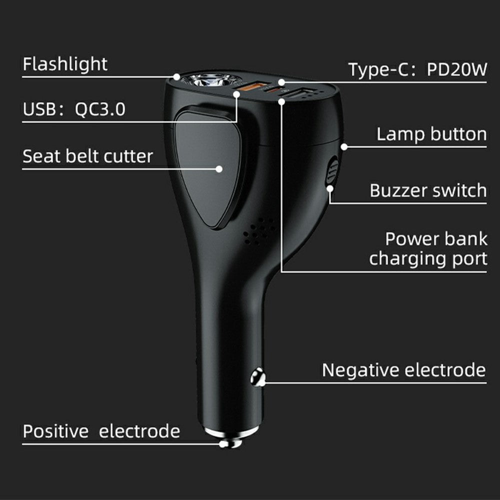 A13 Multifunktionel QC3.0 Billader Nødværktøj Sikkerhedshammer Seleskærer med LED Lommelygte 2000mAh Powerbank
