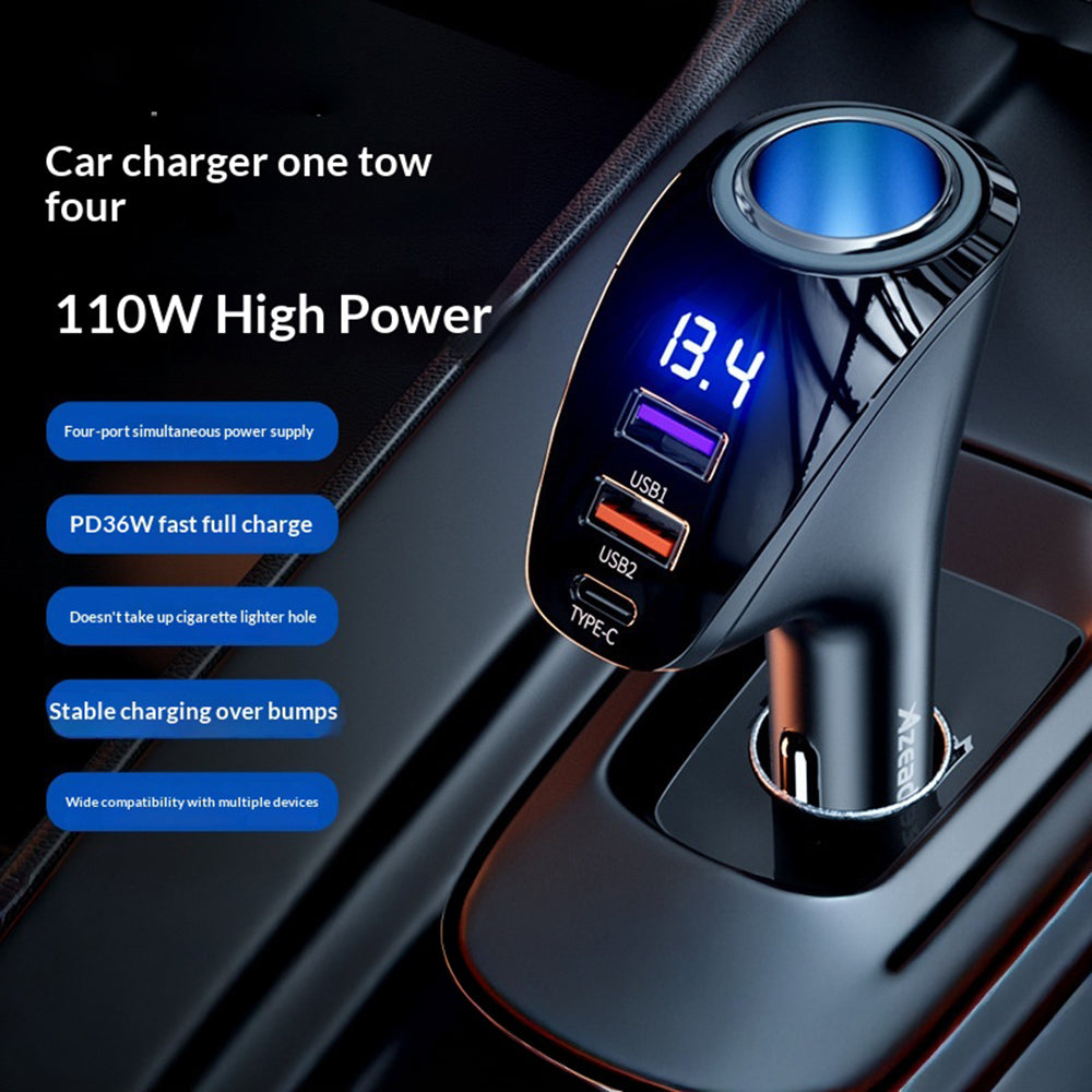 AZEADA AZ-C02 Type-C + 2 USB-A biloplader til cigarettænder 36W hurtigopladningsadapter med LED-display