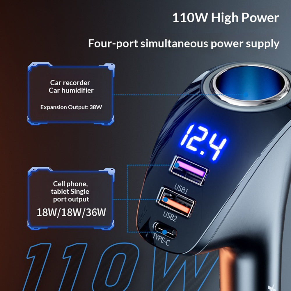 AZEADA AZ-C02 Type-C + 2 USB-A biloplader til cigarettænder 36W hurtigopladningsadapter med LED-display