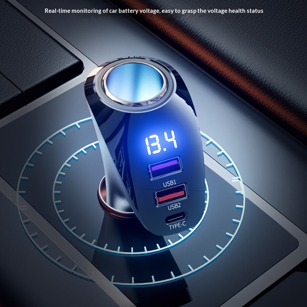 AZEADA AZ-C02 Type-C + 2 USB-A biloplader til cigarettænder 36W hurtigopladningsadapter med LED-display