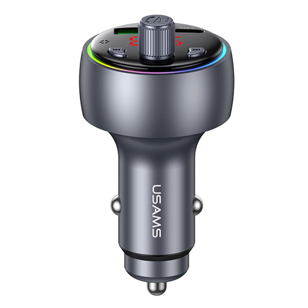 USAMS CC328 30W USB-A + Type-C digitalt display Bluetooth-kompatibel FM biloplader med RGB-stemningslys