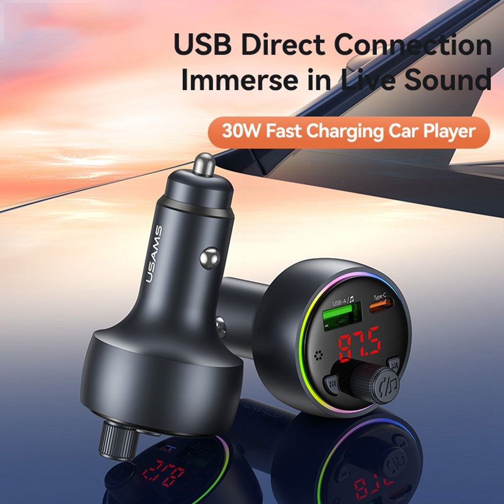 USAMS CC328 30W USB-A + Type-C digitalt display Bluetooth-kompatibel FM biloplader med RGB-stemningslys