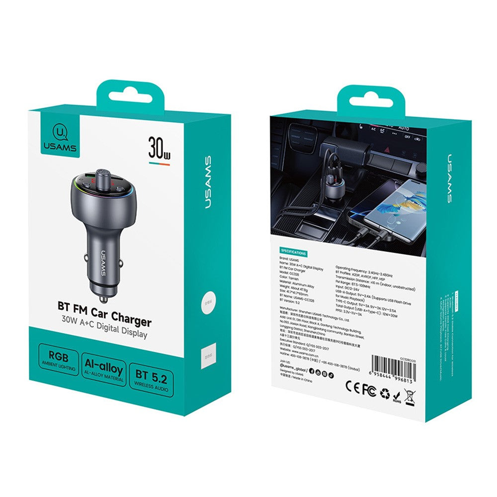 USAMS CC328 30W USB-A + Type-C digitalt display Bluetooth-kompatibel FM biloplader med RGB-stemningslys