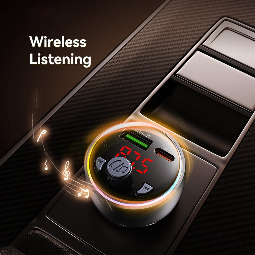 USAMS CC328 30W USB-A + Type-C digitalt display Bluetooth-kompatibel FM biloplader med RGB-stemningslys