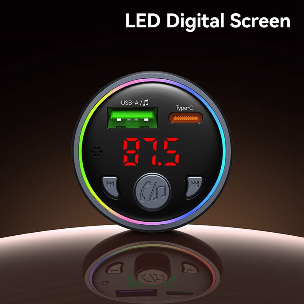 USAMS CC328 30W USB-A + Type-C digitalt display Bluetooth-kompatibel FM biloplader med RGB-stemningslys