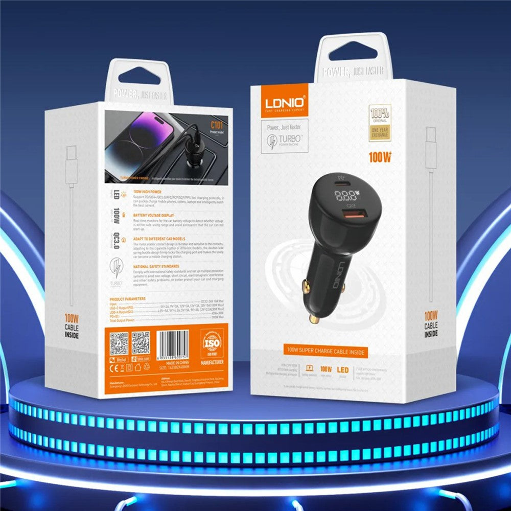 LDNIO C101 100W Car Charger LED Display Dual Port USB-A Type-C PD QC3.0 Fast Charging Car Adapter