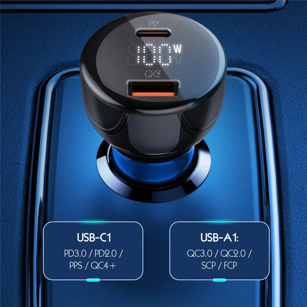 LDNIO C101 100W Car Charger LED Display Dual Port USB-A Type-C PD QC3.0 Fast Charging Car Adapter