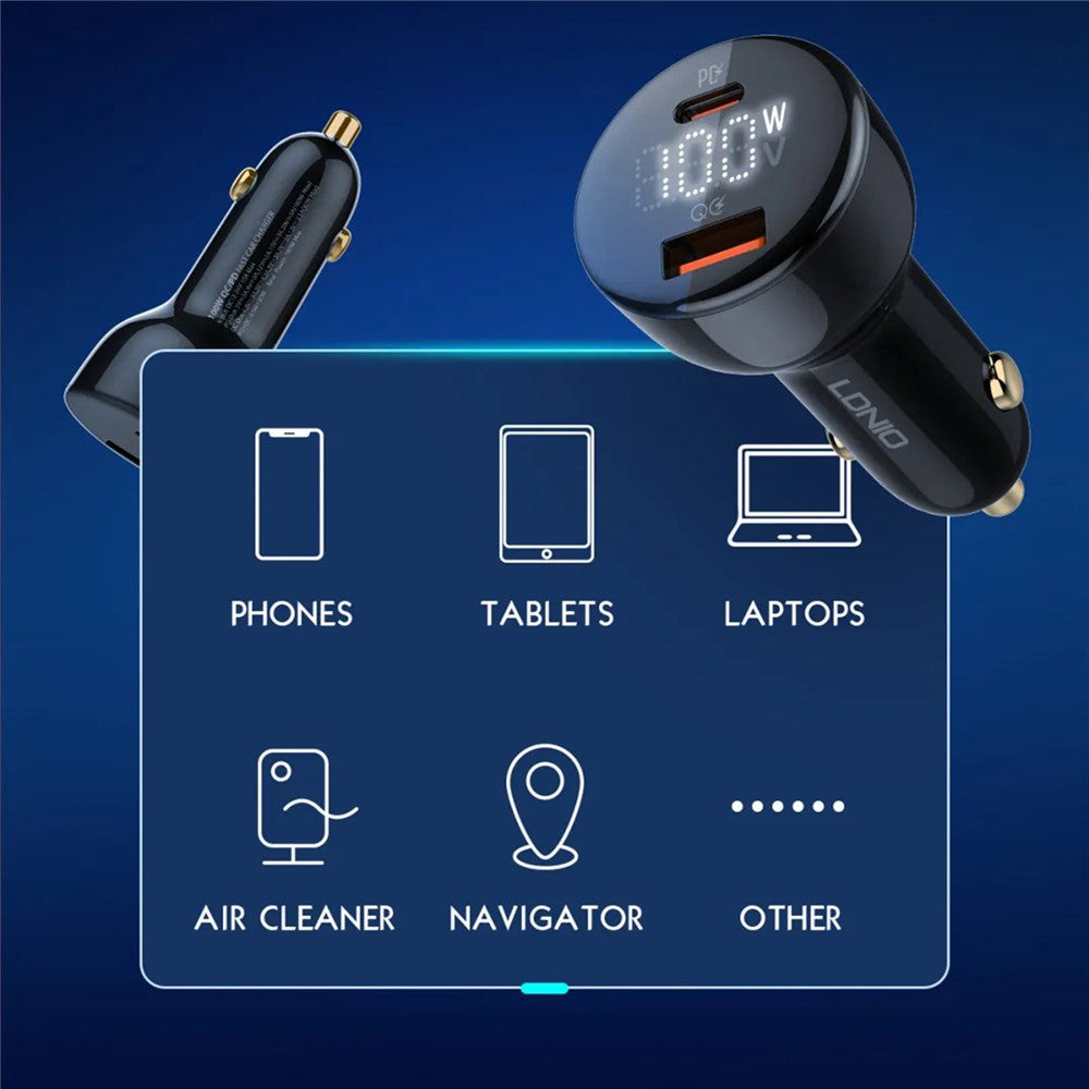 LDNIO C101 100W Car Charger LED Display Dual Port USB-A Type-C PD QC3.0 Fast Charging Car Adapter