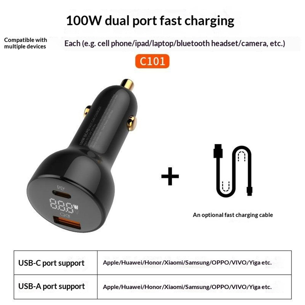 LDNIO C101 100W Car Charger LED Display Dual Port USB-A Type-C PD QC3.0 Fast Charging Car Adapter