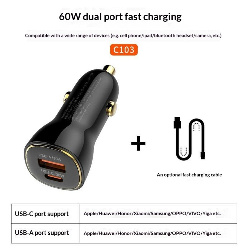 LDNIO C103 60W Dobbelt Port Biloplader PD 30W+QC 30W PPS Hurtigopladende Biladapter til Telefon Tablet