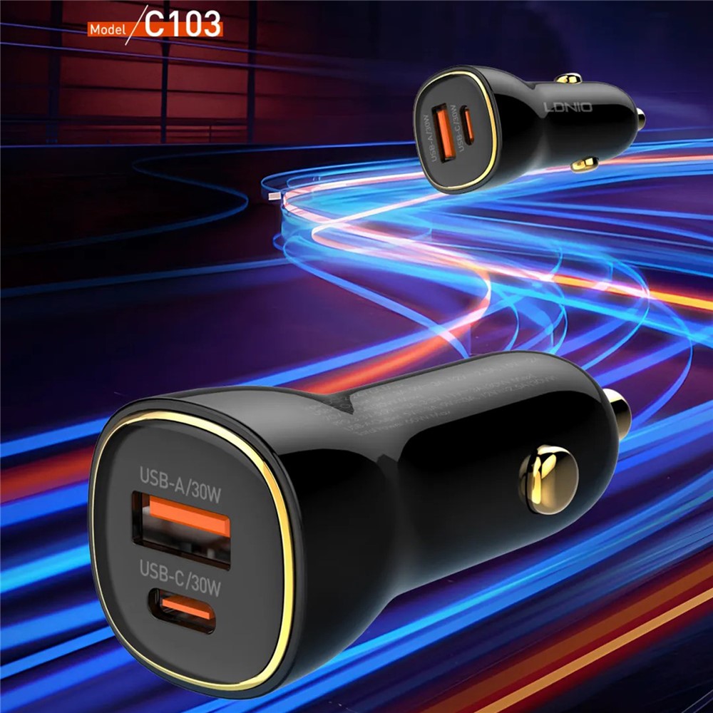 LDNIO C103 60W Dobbelt Port Biloplader PD 30W+QC 30W PPS Hurtigopladende Biladapter til Telefon Tablet