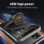 LDNIO C103 60W Dobbelt Port Biloplader PD 30W+QC 30W PPS Hurtigopladende Biladapter til Telefon Tablet