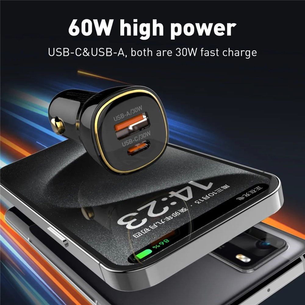 LDNIO C103 60W Dobbelt Port Biloplader PD 30W+QC 30W PPS Hurtigopladende Biladapter til Telefon Tablet