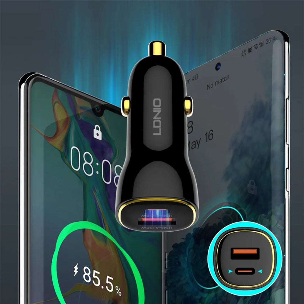 LDNIO C103 60W Dobbelt Port Biloplader PD 30W+QC 30W PPS Hurtigopladende Biladapter til Telefon Tablet