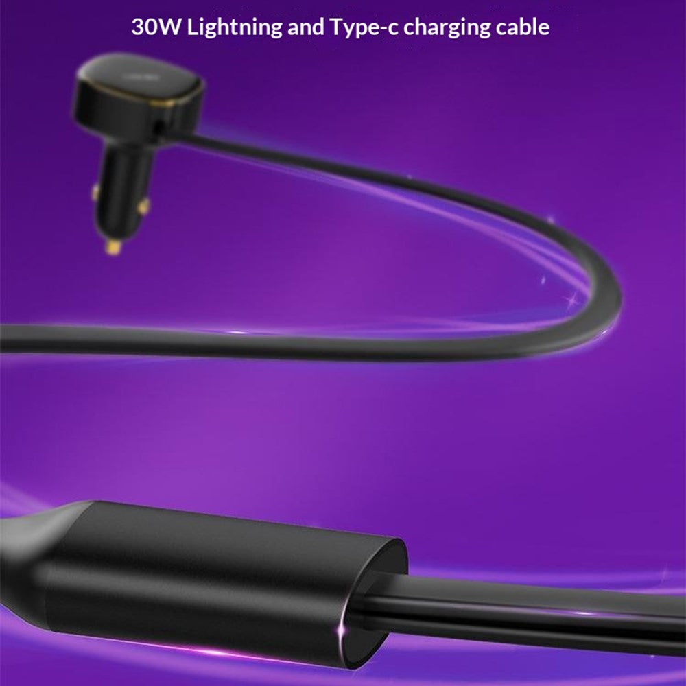 LDNIO C107 30W Car Charger PD QC Fast Charging Car Adapter with Retractable iP (5-14) & Type-C Cable