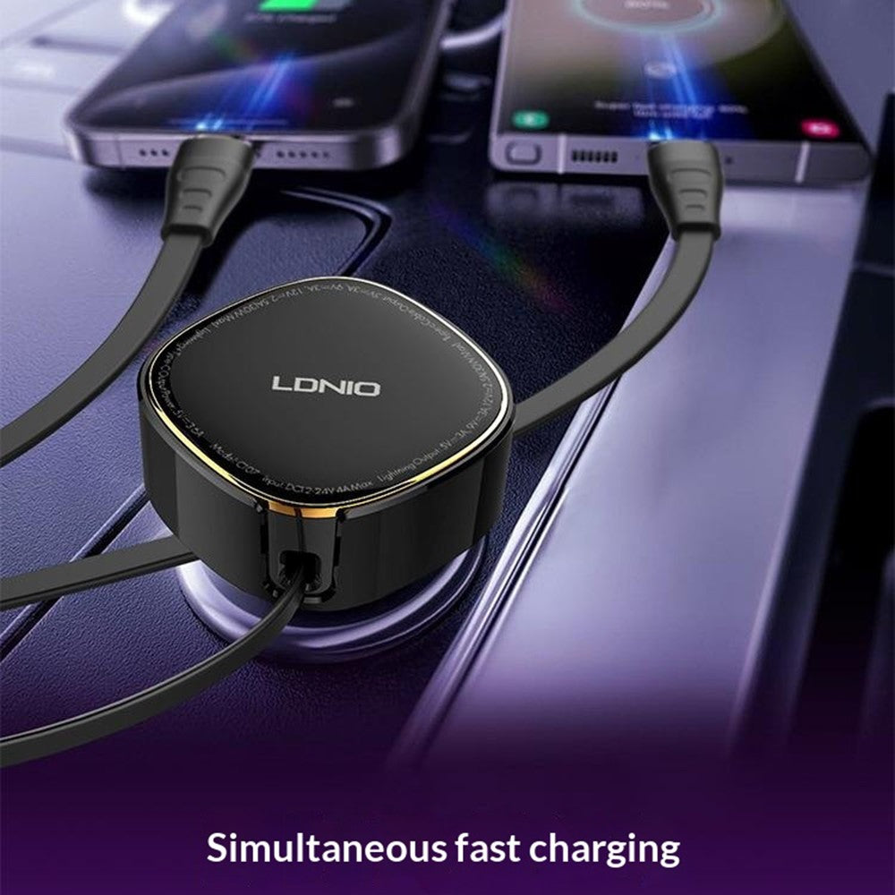 LDNIO C107 30W Car Charger PD QC Fast Charging Car Adapter with Retractable iP (5-14) & Type-C Cable