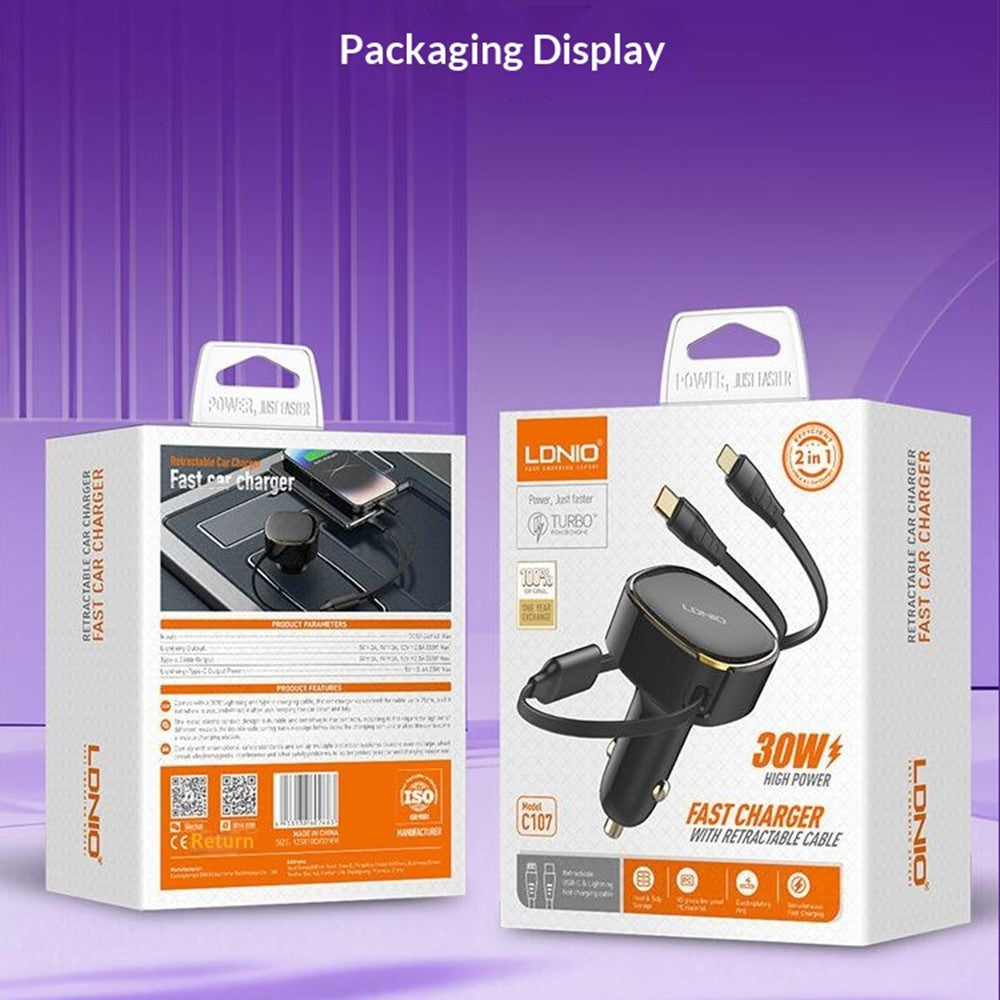 LDNIO C107 30W Car Charger PD QC Fast Charging Car Adapter with Retractable iP (5-14) & Type-C Cable