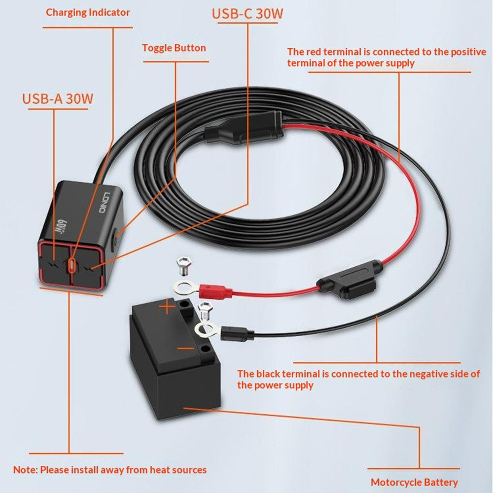 LDNIO C108 Motorcykeloplader 60W Dobbeltport PD QC Hurtigopladning Vandtæt Adapter til Batteri
