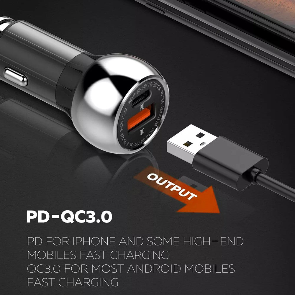LDNIO C1 36W Car Charger Metal Dual Port PD 20W + QC3.0 18W Fast Charging Car Adapter for iPhone Android
