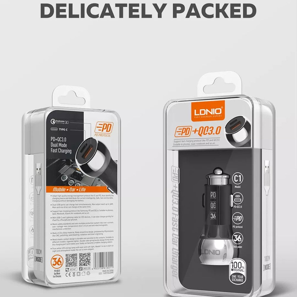 LDNIO C1 36W Car Charger Metal Dual Port PD 20W + QC3.0 18W Fast Charging Car Adapter for iPhone Android
