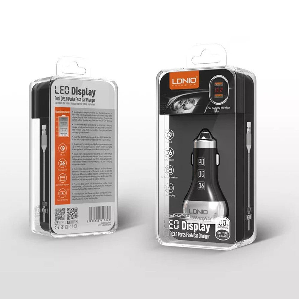 LDNIO C2 Dubbel QC3.0 Billaddare 36W Dubbla USB-portar LED-display Batteriövervakning Snabbladdning Cigarettändaruttag Biladapter