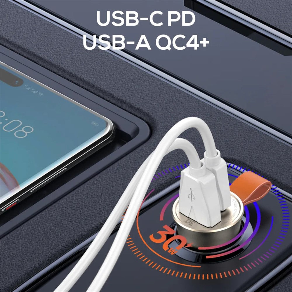 LDNIO C509Q 30W Biloplader Dobbeltport USB-C PD USB-A QC4.0 Lynopladningsadapter med indbygget snor til iPhone Samsung